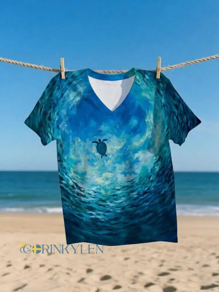 Damens havs Turtle World Ocean Dag Tryckt V-hals T-shirt - som bild / S
