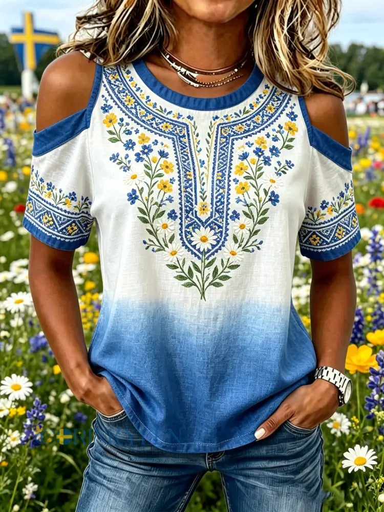 Damer Midsommarfest Blommiga konsttryck axelbandslös t-shirt - A / S