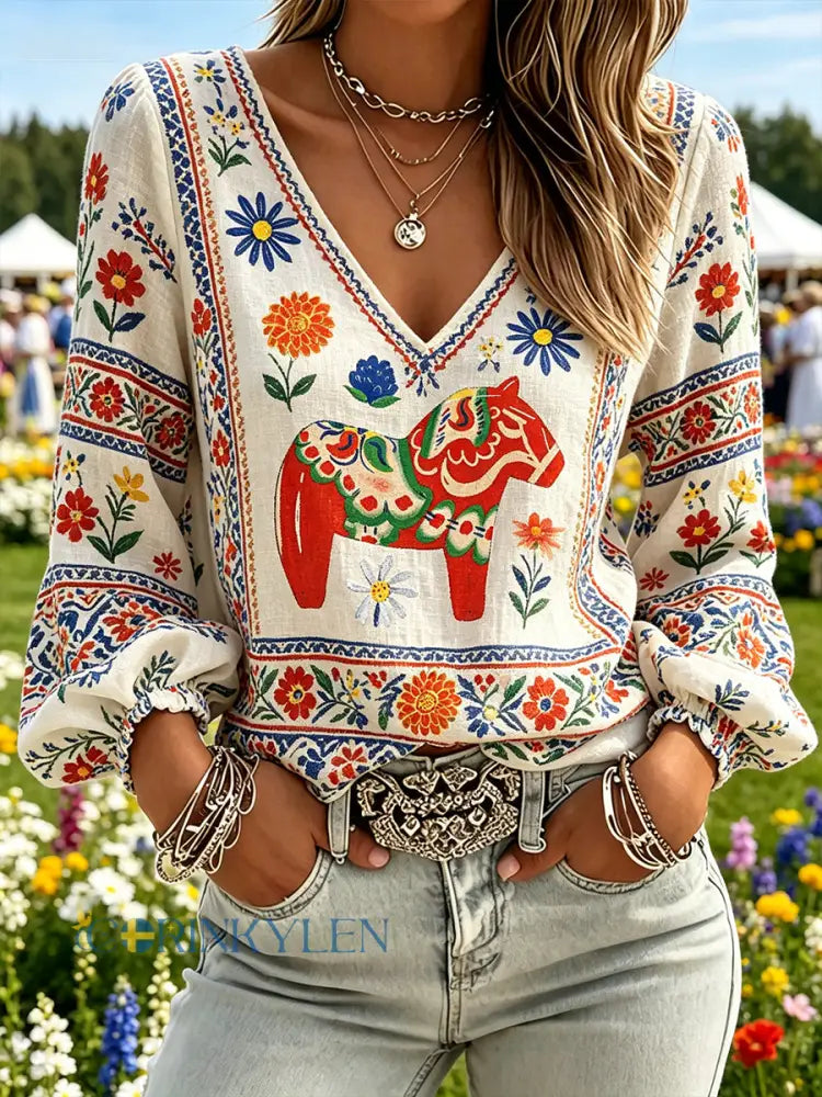 Damer Midsommarfest Tema Etnisk Lantlig Stil Tryckt V-ringning Puffärmar Topp - A / S