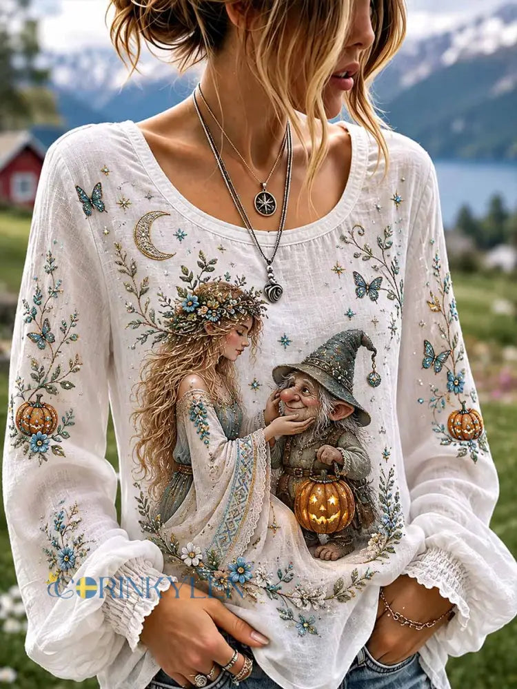 Damer norsk Halloween-alf världsmönster tryckt t-shirt - som bild / S