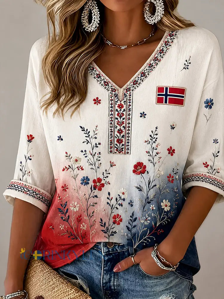 Damer Retro Nordisk stil Norsk konsttryck Lässig topp i bomull och linne bekväm - A / S