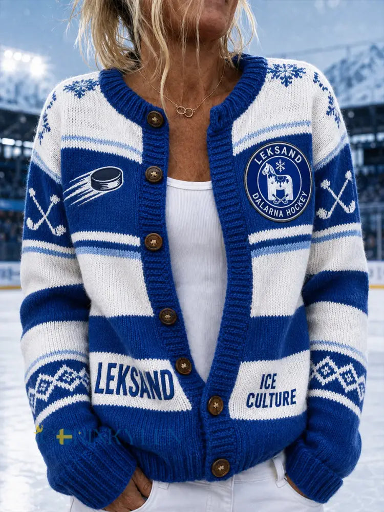 Damer Svensk Ishockey Leksands IF Fans Älskare Tryckt Knappcardigan - A / S