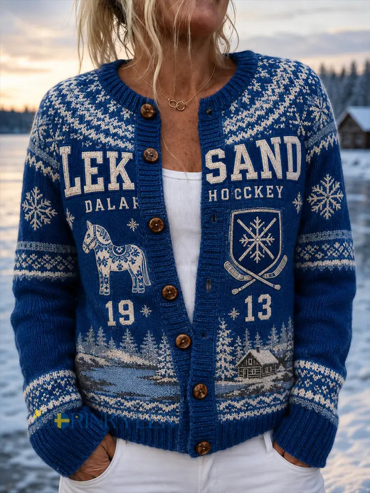 Damer Svensk Ishockey Leksands IF Fans Älskare Tryckt Knappcardigan - A / S