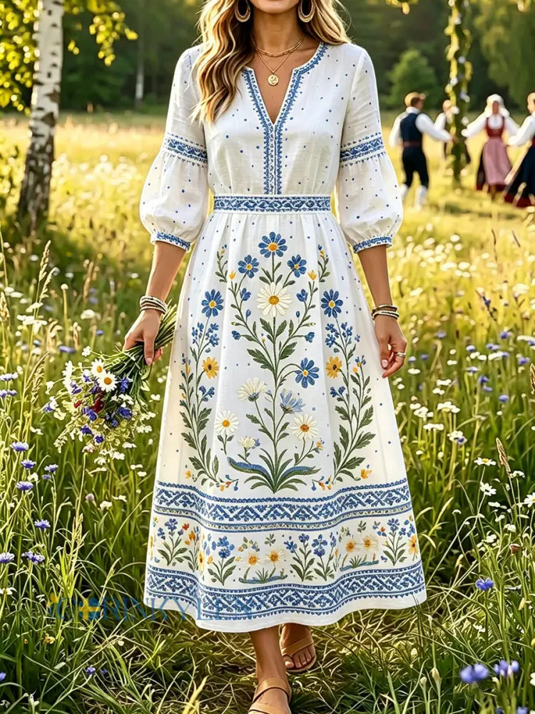 Damer Svensk midsommar Dalahästtryck Casual mode Bomull-linne V-ringning Klänning - A / S