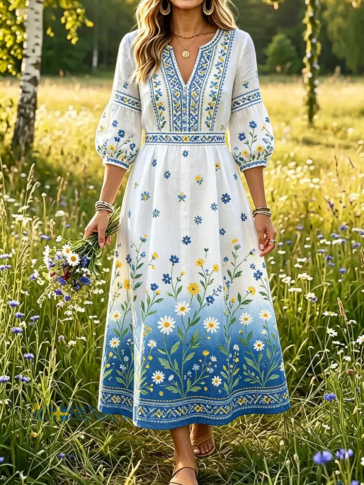 Damer Svensk midsommar Dalahästtryck Casual mode Bomull-linne V-ringning Klänning - A / S