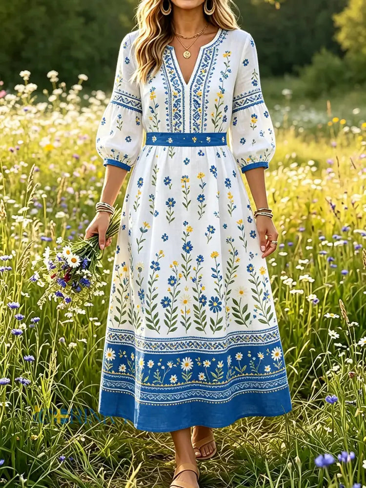 Damer Svensk midsommar Dalahästtryck Casual mode Bomull-linne V-ringning Klänning - A / S