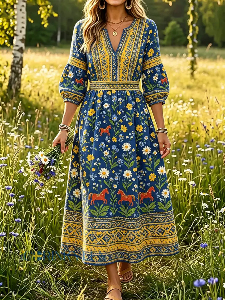 Damer Svensk midsommar Dalahästtryck Casual mode Bomull-linne V-ringning Klänning - A / S