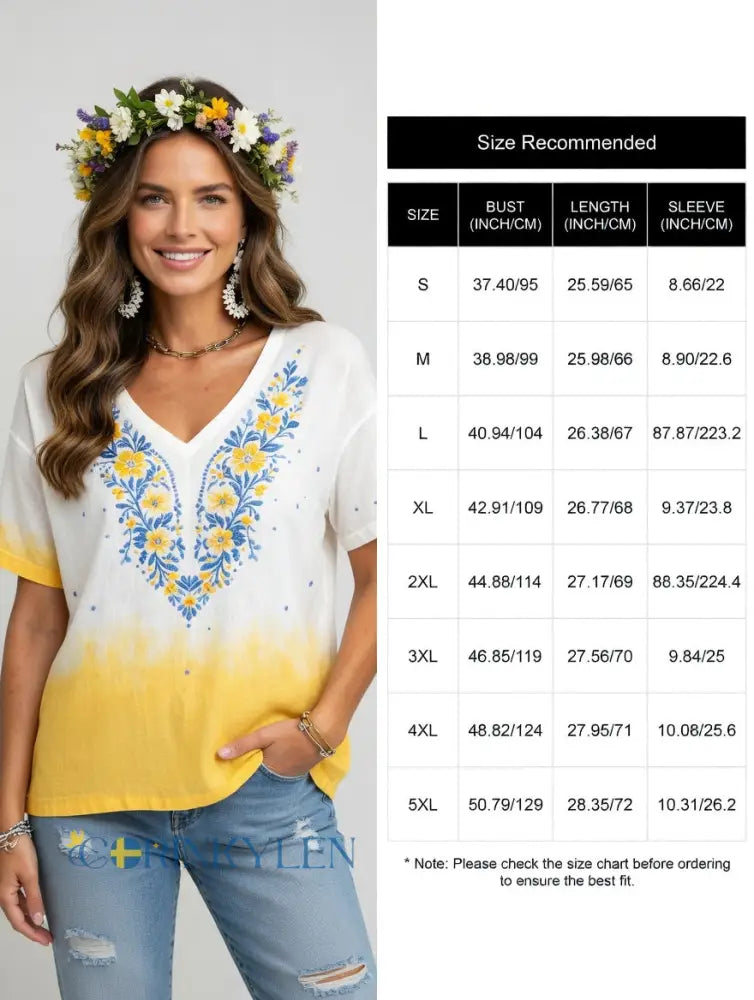 Damer Svensk midsommarfest minnesartprint T-shirt med V-ringning - H / S