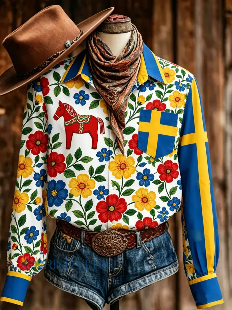 Damer Svensk Midsommarfest Minneskonsttryck Långärmad T-shirt - A / S