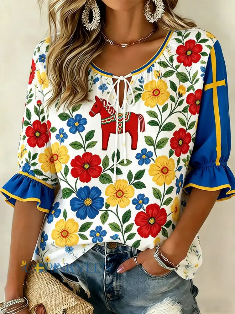 Damer Svensk midsommarfest minneskonsttryck T-shirt - A / S