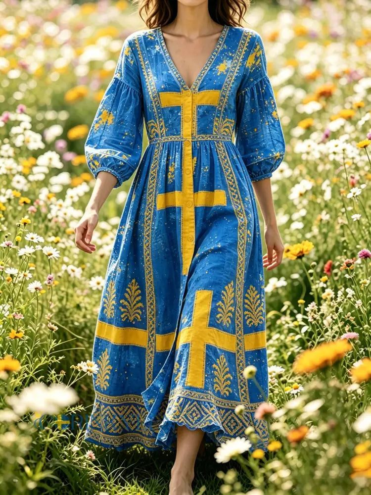 Damer Svensk nationaldag minneskonsttryck lång klänning - A / S
