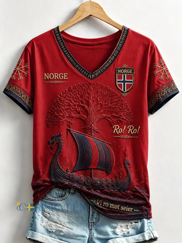 Damernas Norge Viking V-ringad T-shirt - röd / S