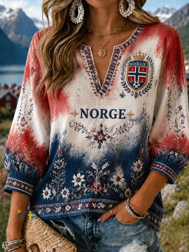 Damernas retro norska fotbollsombré konst V-ringad topp - som bild / S