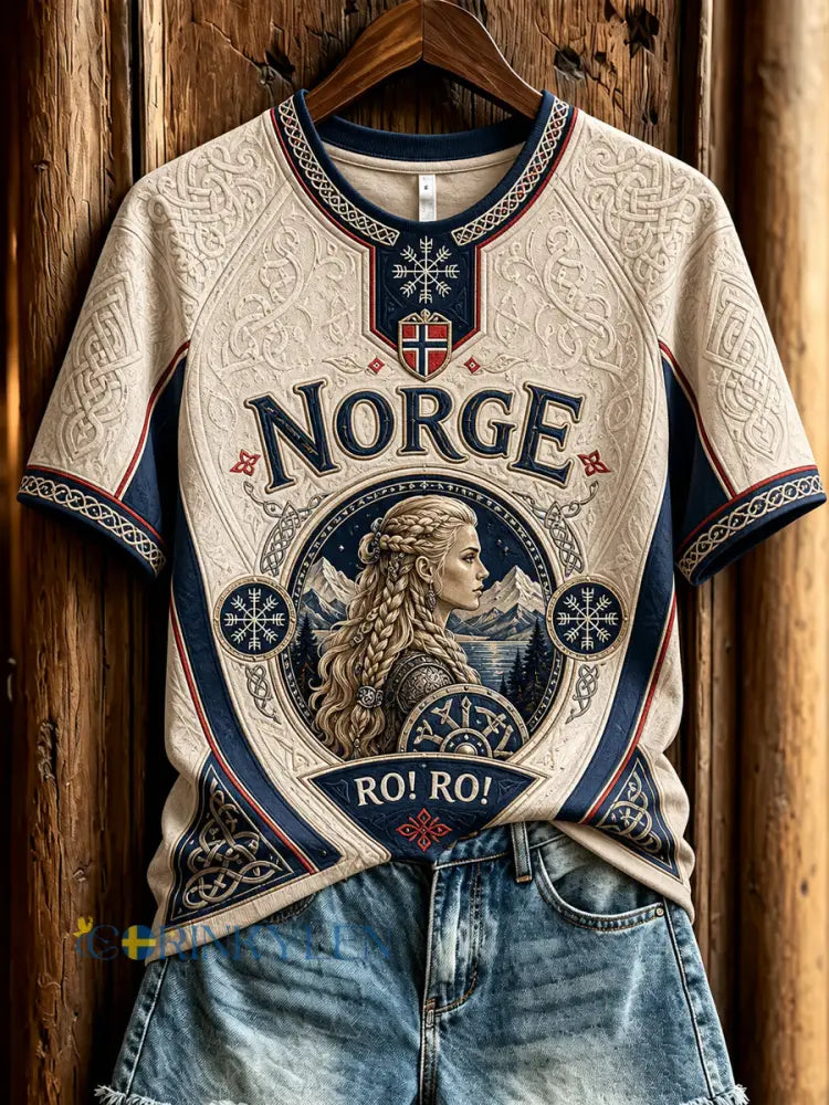 Damernas retro norska vikingakonstavslappnad t-shirt - som bild / S