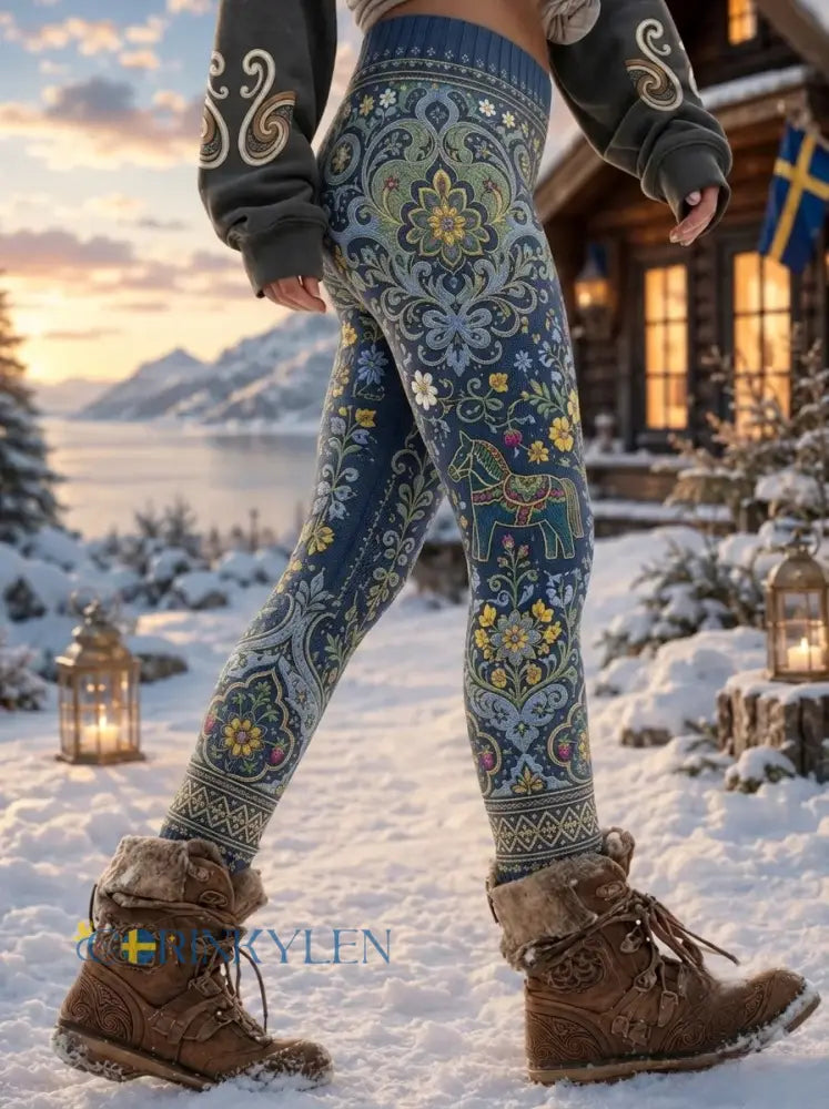 Damernas retro svenska midsommarfolkloristiska blommiga stickade stretchtights för sport - blå / S