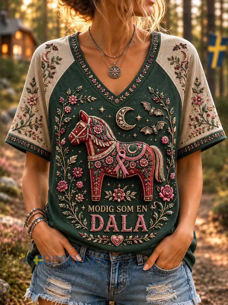 Damernas retrohalloween-T-shirt med svensk dalahäst och randig fläkt - som bild / S