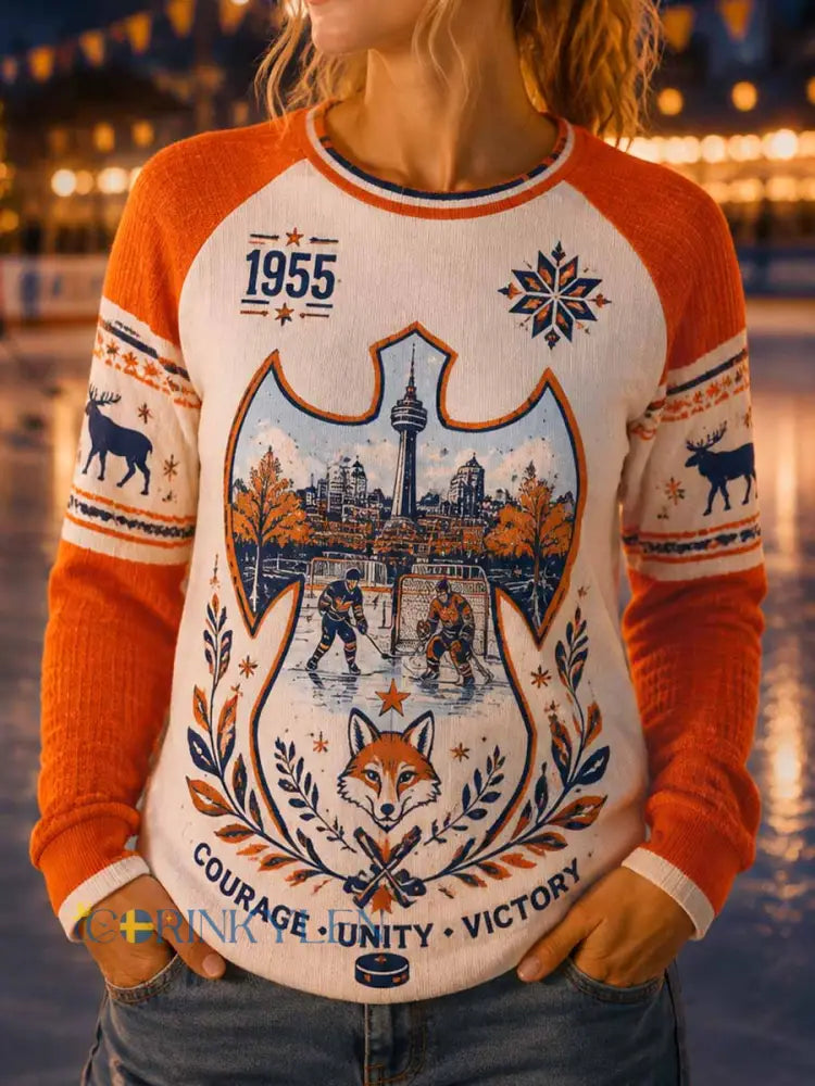 Damernas retrovintertröja med ishockeytryck - som bild / S