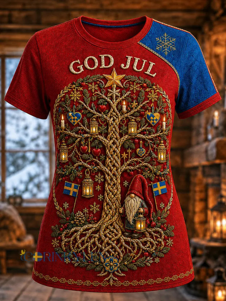 Damernas svenska jultryckta vintage-mode lös t-shirt med kort ärm - röd / S