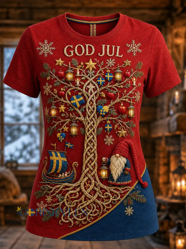 Damernas svenska jultryckta vintage-mode lös t-shirt med kort ärm - röd / S