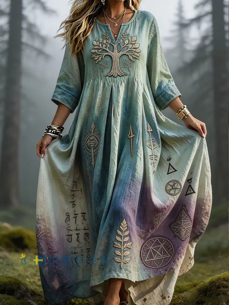 Damklänning i vikingastil med nordiskt motiv tryckt på linne - som bild / S