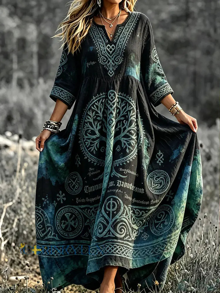 Damklänning i vikingastil med nordiskt motiv tryckt på linne - som bild / S