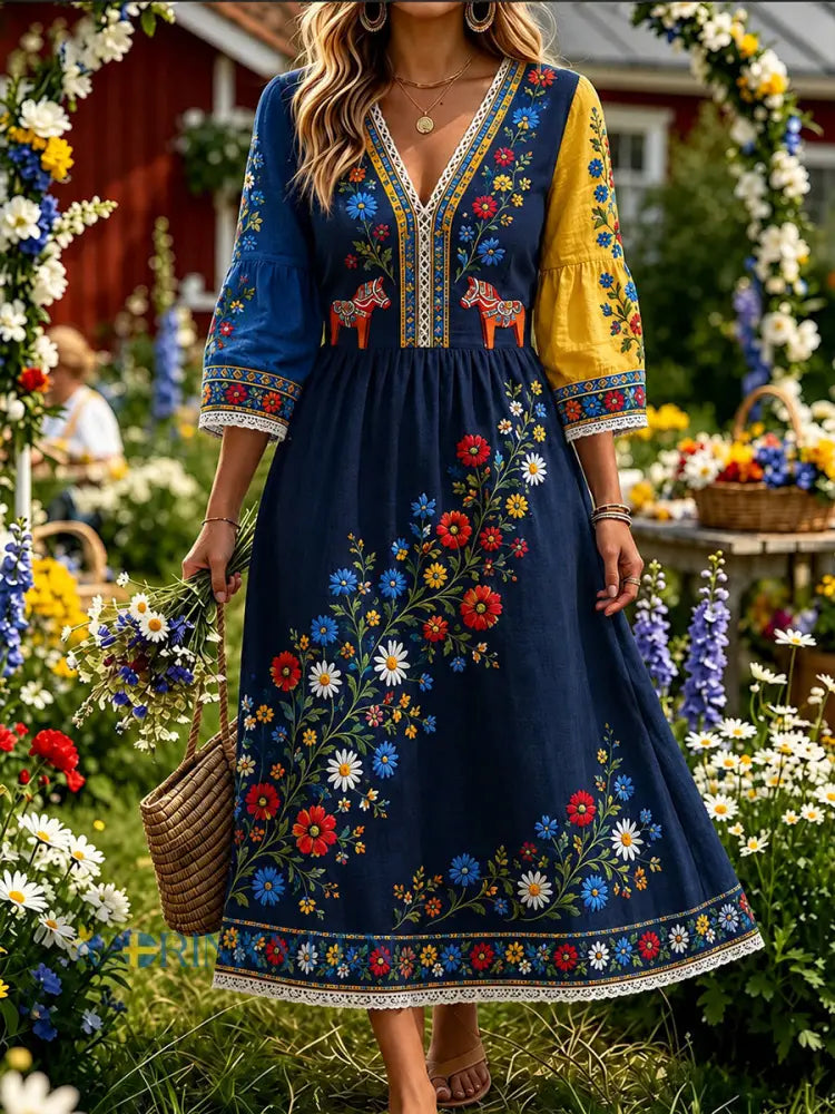 Damklänning i vintagestil med svensk dalahäst broderad blomsterkonst och avslappnad passform - A / S