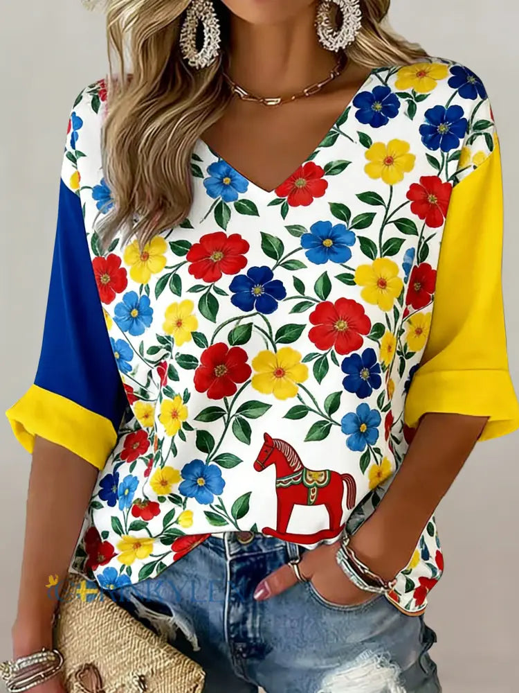 Damlinne Dalahästkonsttryck T-shirt med svenska flaggans färger - A / S