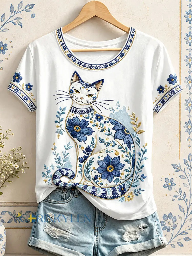Dammens blommiga t-shirt med kattmönster