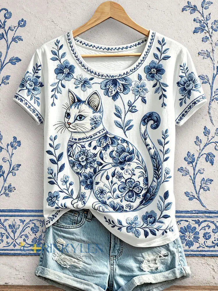 Dammens blommiga t-shirt med kattmönster - som bild / S