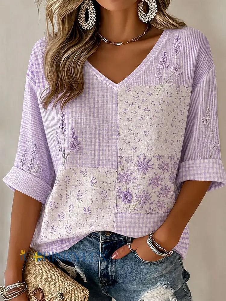 Dammens lila blommönstrad casual t-shirt - mörkt / S