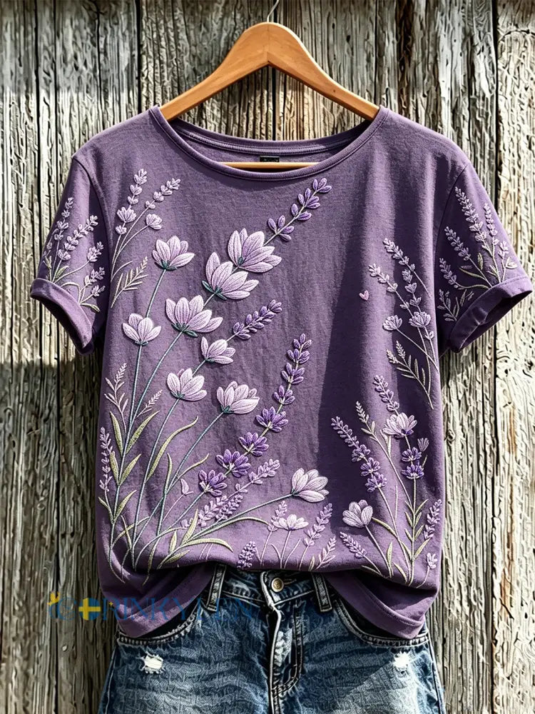 Dammens lila t-shirt med tryckt växt- och blommamönster avslappnad stil och korta ärmar - djup purpura / S