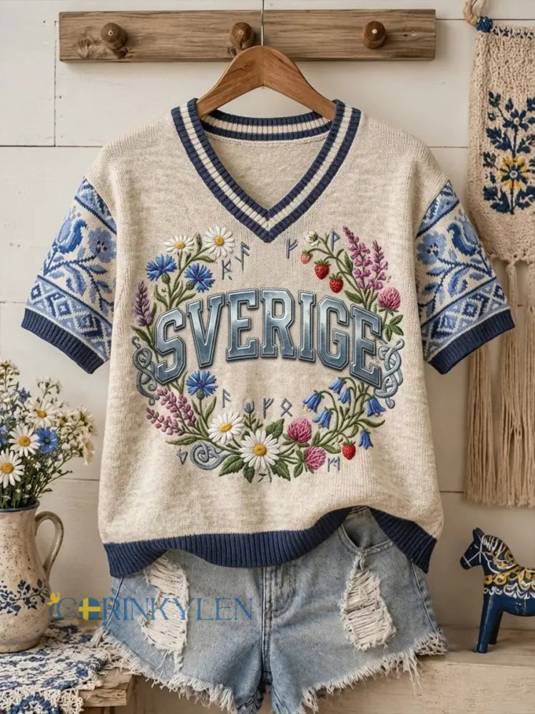 Dammens retro svensk midsommarfolk-stil bomullströja med blommönster och korta ärmar - Aprikot / S
