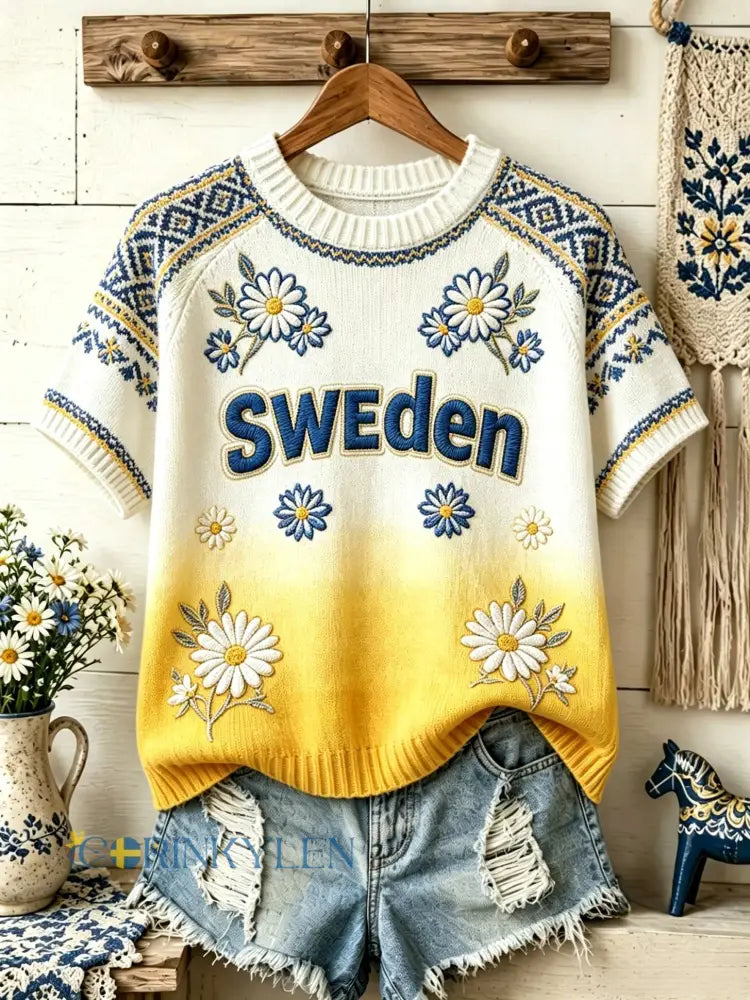 Dammens retro svensk midsommarfolkal blommig stickad kortärmad t-shirt - gul / S