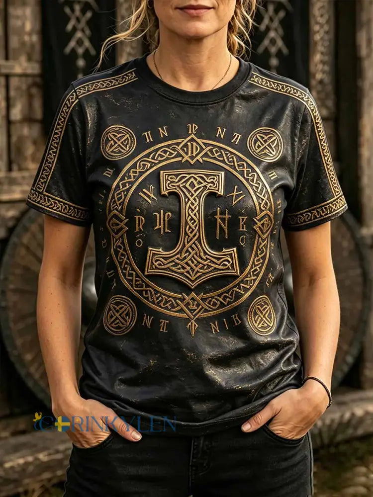 Dammens retro t-shirt med vikingamönster - som bild / S