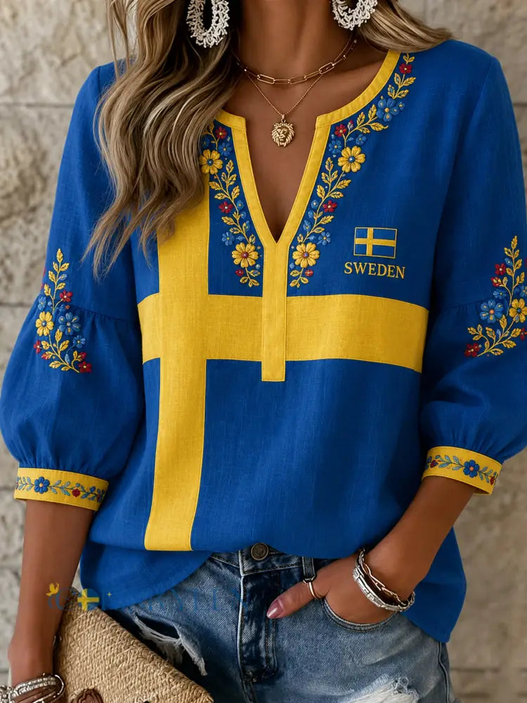Dammens svenska midsommarminneskonsttryck V-ringad topp - A / S