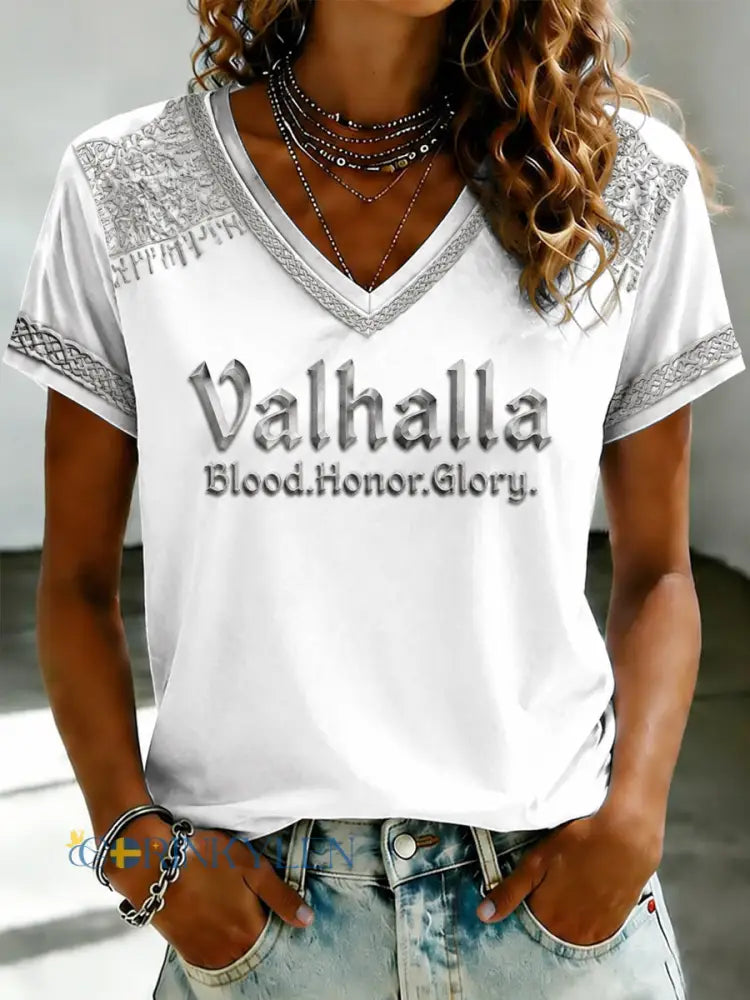 Dammens Valhalla T-shirt med tryckt V-ringning - som bild / S