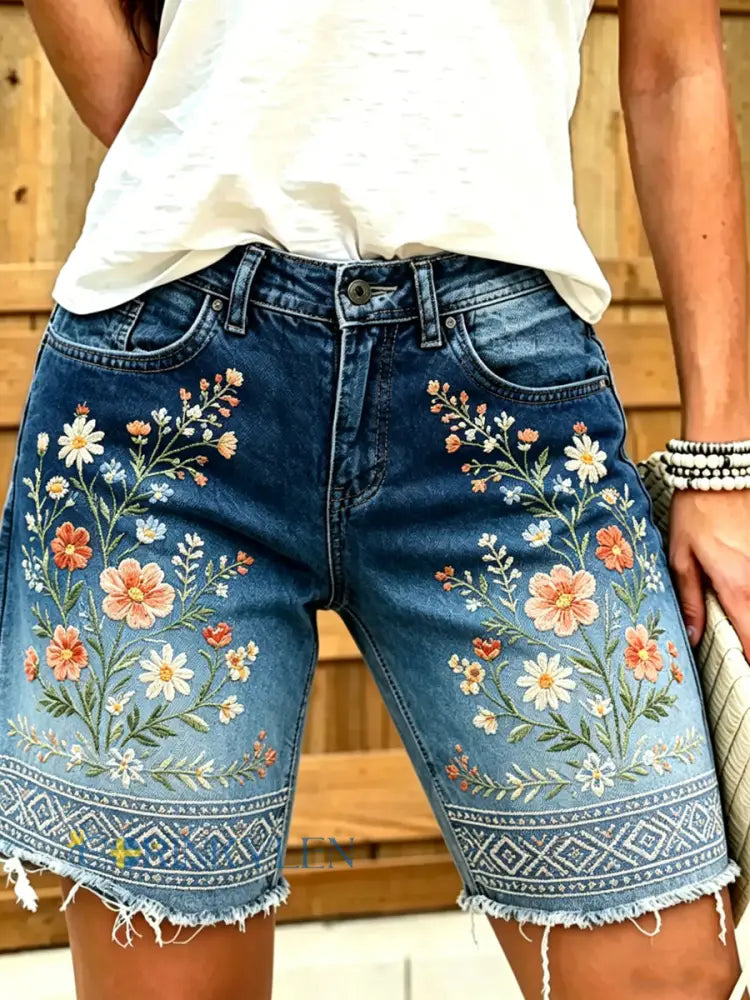 Dammkläder i bomull och linne med blommönster för kvinnor - blå / S