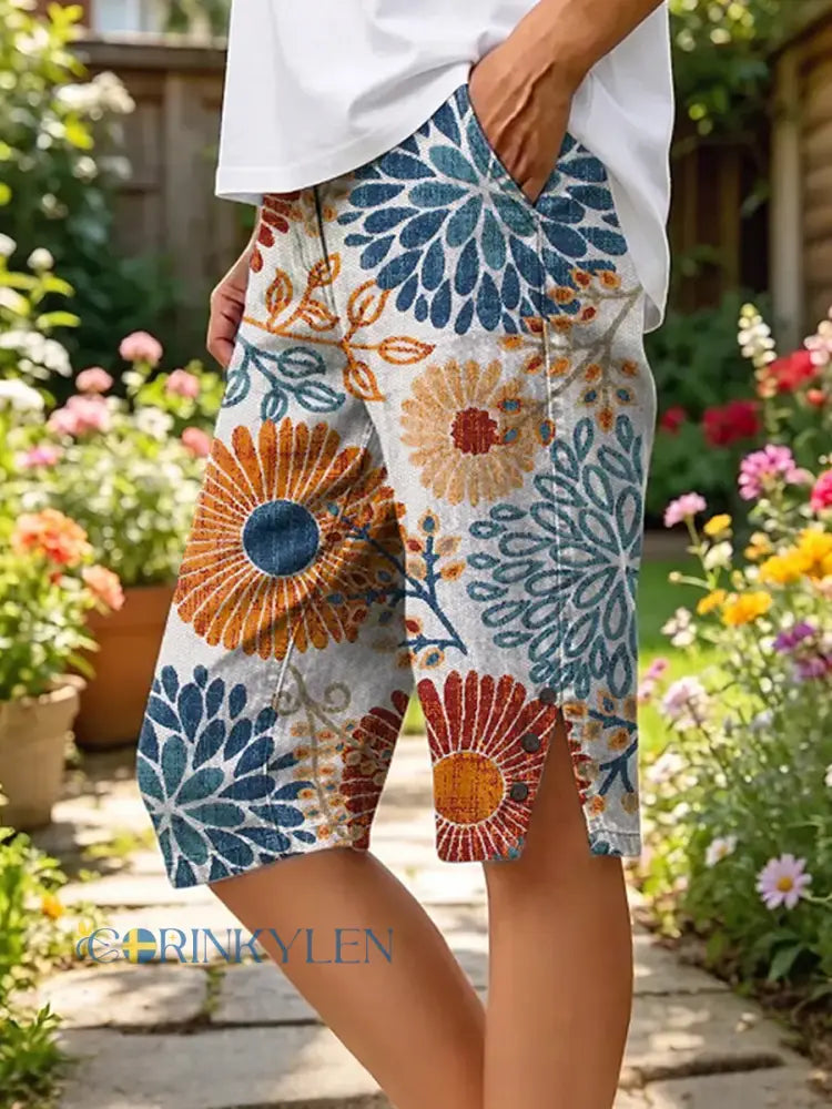 Dammkläder i bomull och linne med blommönster för kvinnor - vitt / S