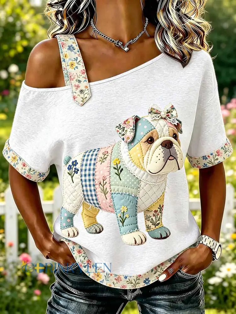 Dammode avslappnad t-shirt med hundmönster - som bild / S