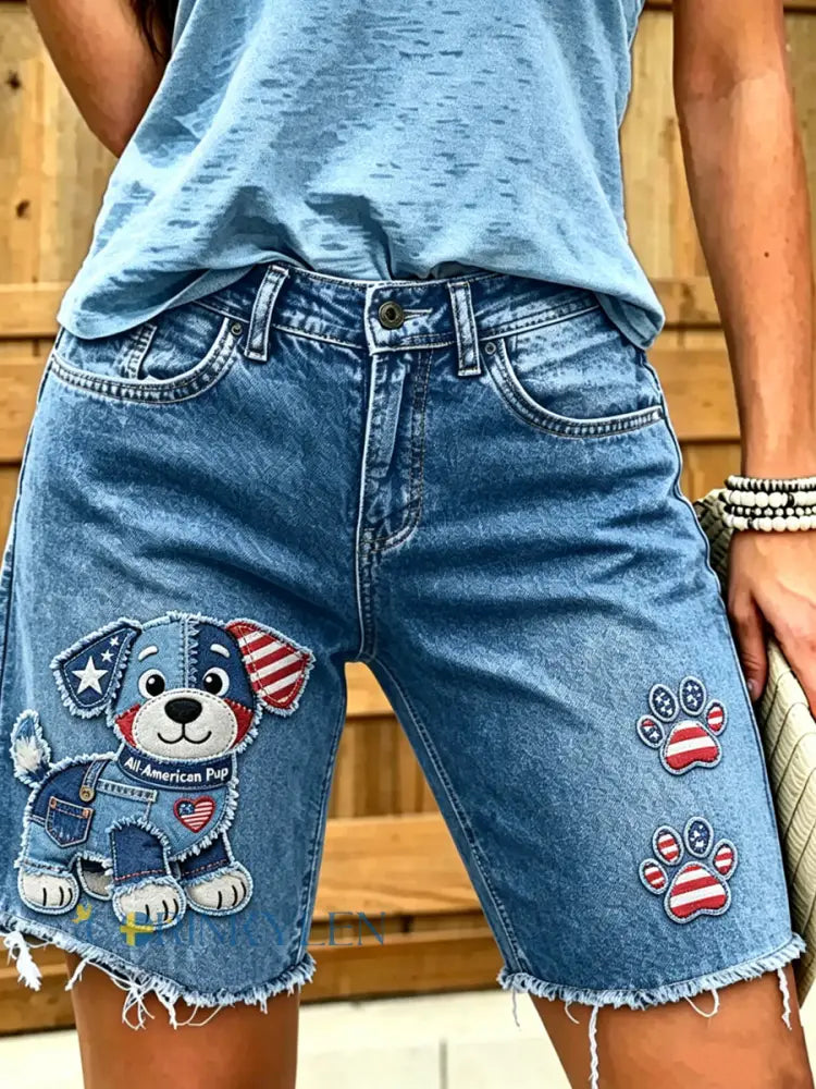 Dammode djurhundkonst tryckt korta jeans - blå / S