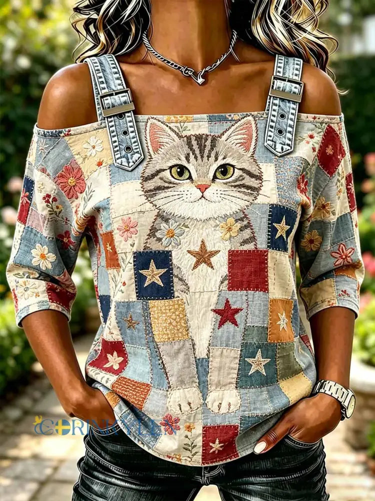 Dammode T-shirt med djurmotiv och konstmönster - som bild / S