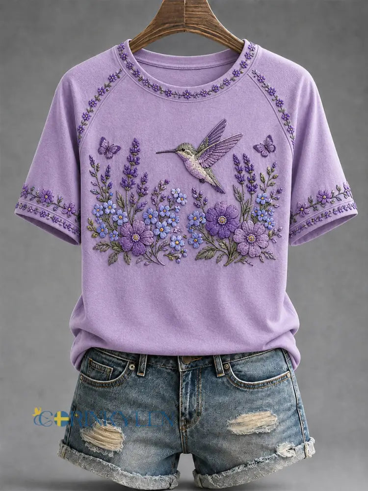 Dammössa i lila med blommor och kolibri – tröja till stöd för Alzheimersmedvetenhet - lavendel / S