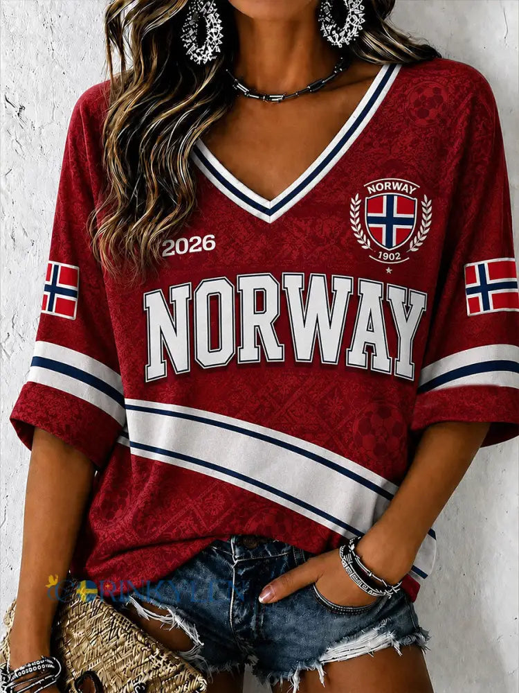 Dammössa Norge Fotboll Halvlånga Ärmar V-Neck T-shirt - röd / S