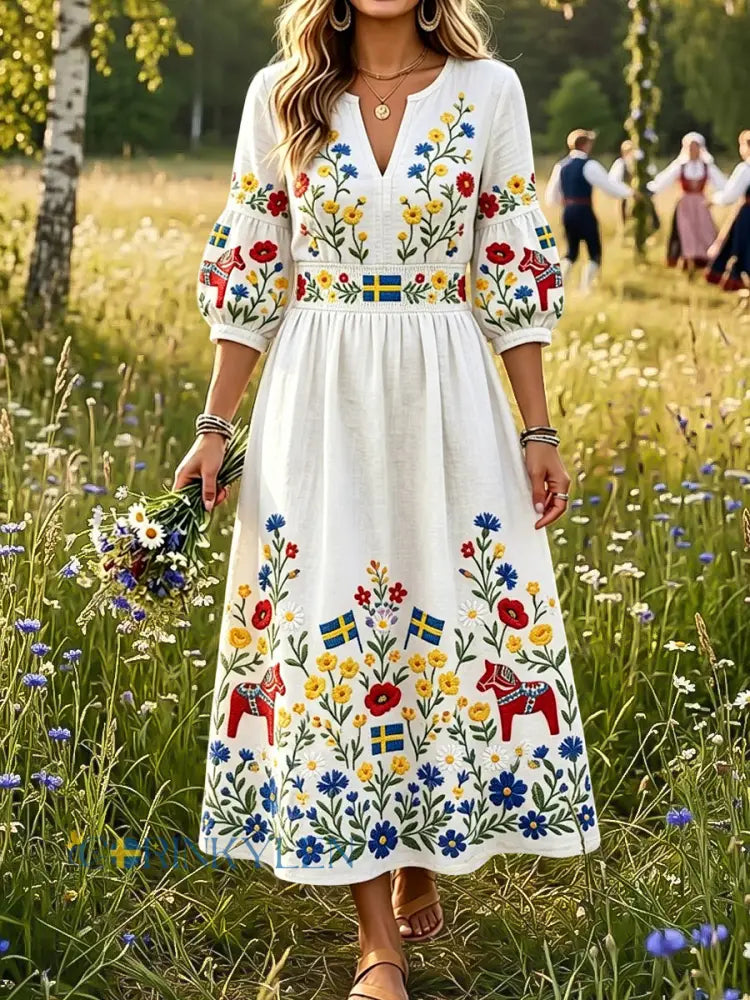 Dams klänning i vintagestil med kornblomsmönster och v-ringning - vitt / S