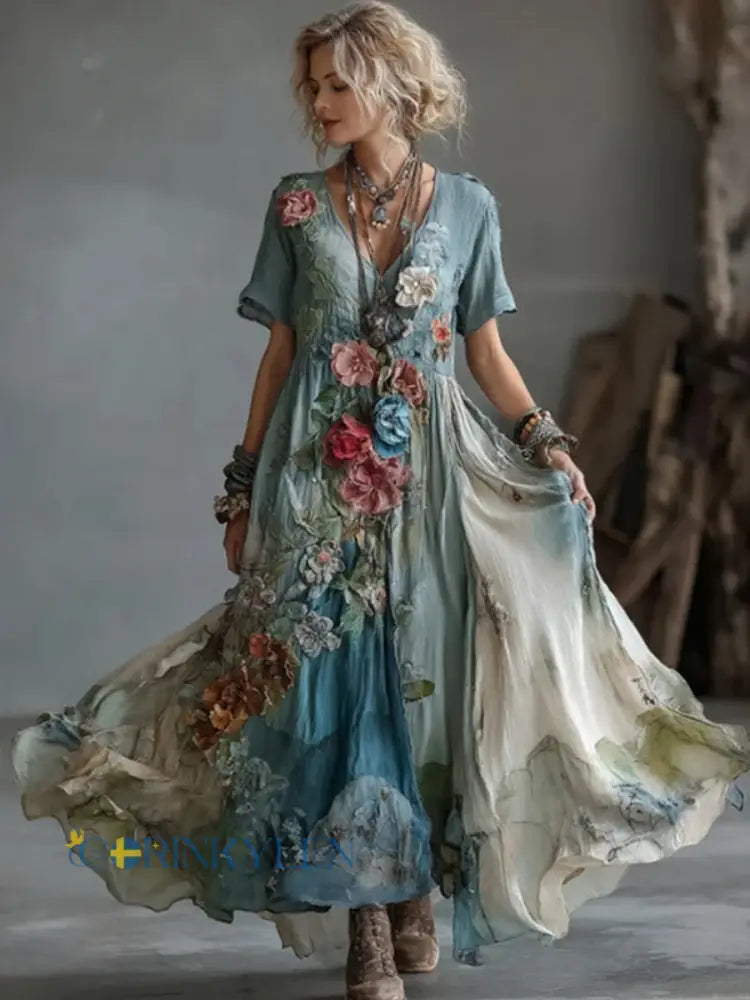 Dams maxiklänning i bomull och linne med vintagegraduerad broderad blomstermönstrad design - blå / S
