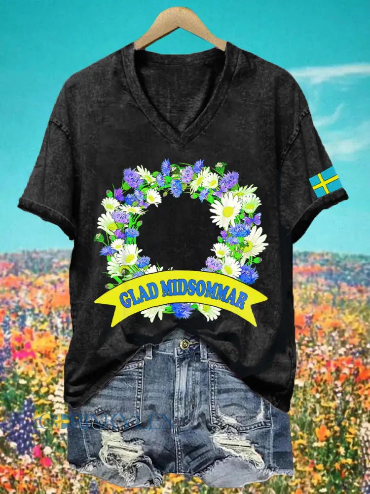 Dams midsommarprint t-shirt med v-ringning - svart / S