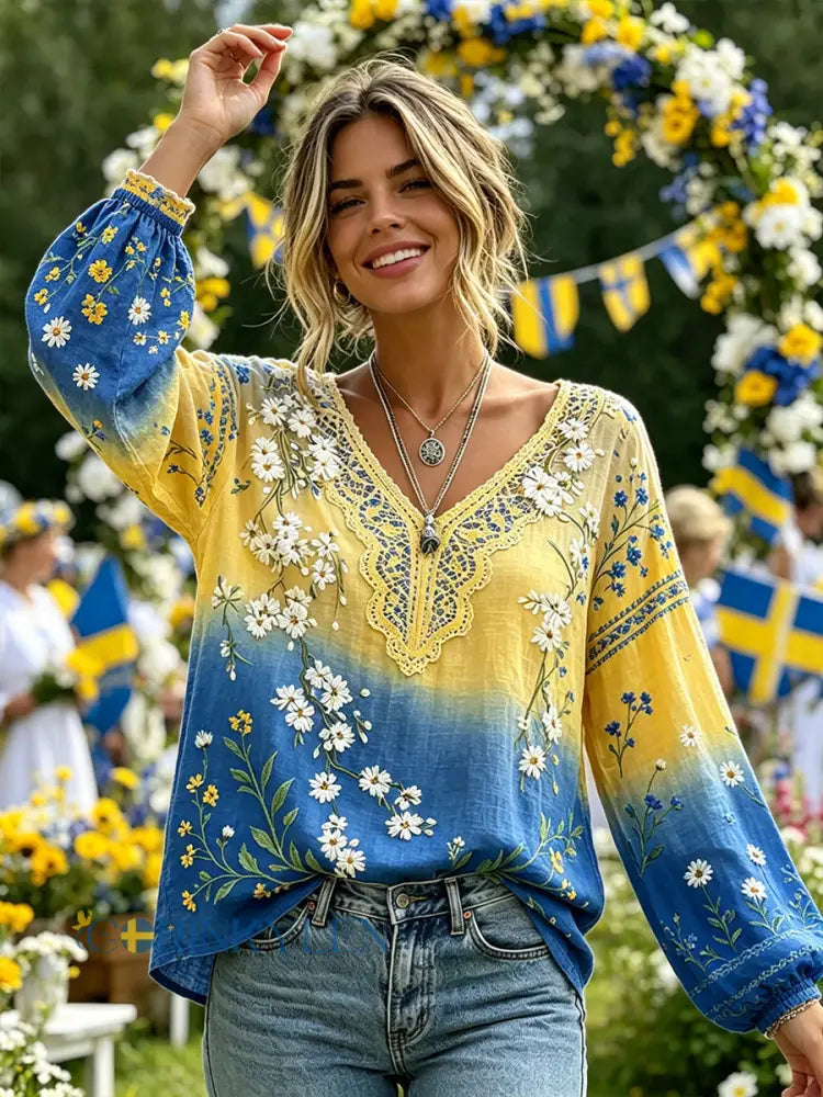 Dams Midsummer blommönstrad pastoral topp med V-ringning - A / S
