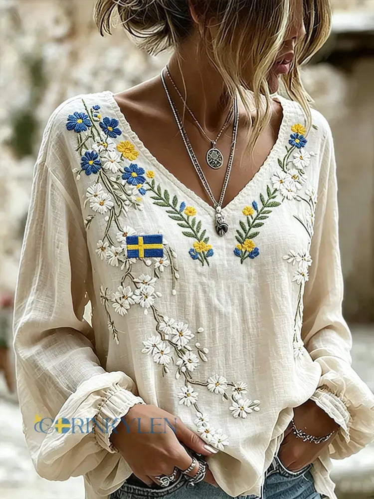 Dams midsummer-topp i linneimitation med blommönster och långa ärmar - A / S