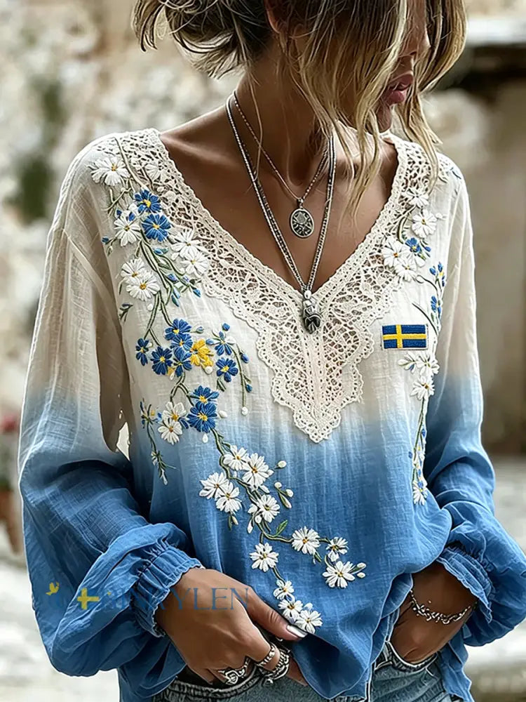 Dams midsummer-topp i linneimitation med blommönster och långa ärmar - A / S