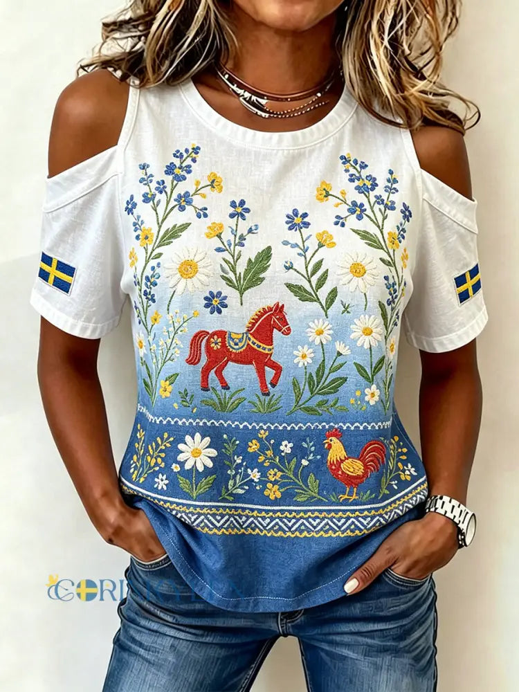 Dams midsummer-topp med blommönster och ombré-effekt axelbandslös - A / S